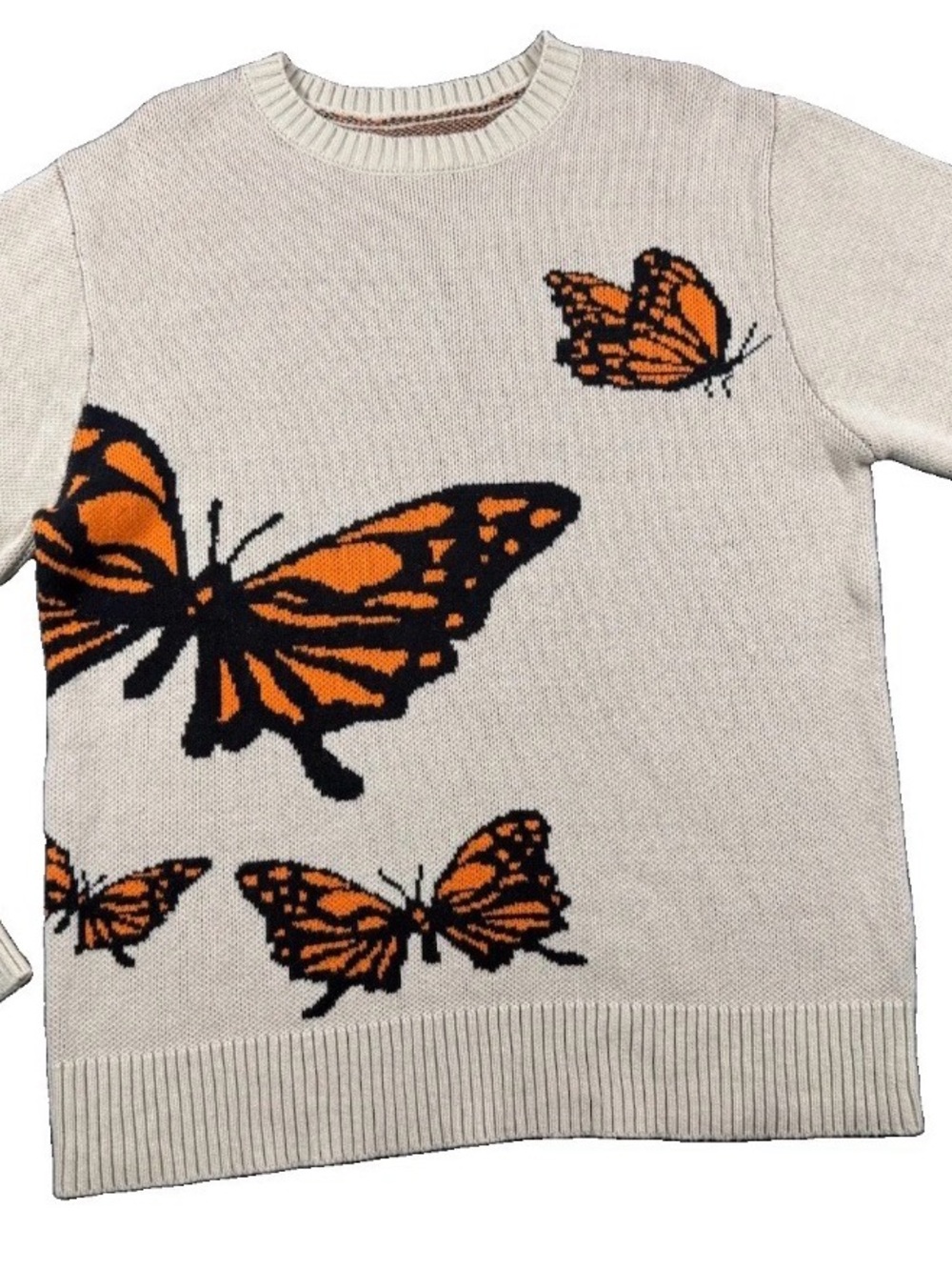 PacSun Men’s Butterfly Knit Sweater Cream Monarch Crewneck Pullover Size Small